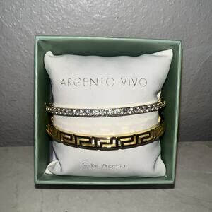 SET OF TWO GOLD TONE METAL CLEAR CUBIC ZIRCONIA CUFF BRACELETS ARGENTO VIVO NIB